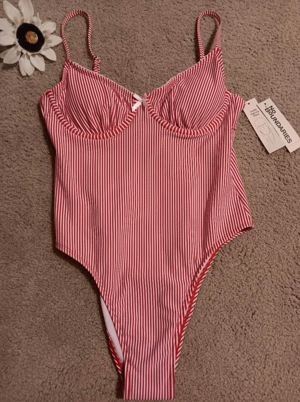 No Boundaries Red & White Striped One Piece Bathing Suit. Medium NWT